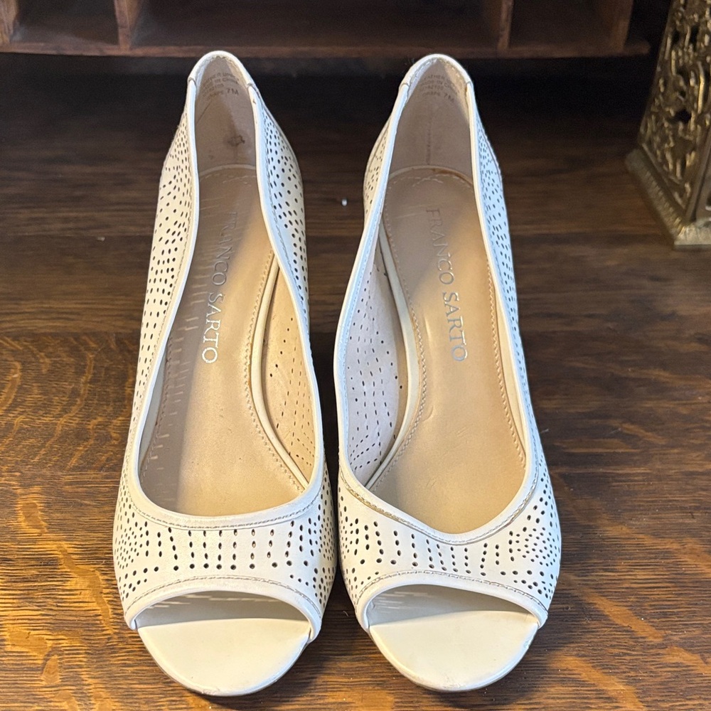 Franco Sarto Cream Perforated Peep-Toe Heels